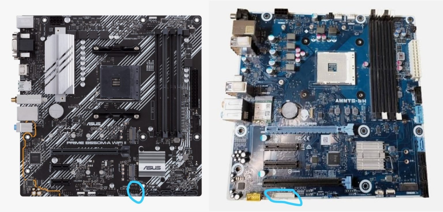 Comparación entre una board AM4 estándar y la board propietaria del Alienware Aurora R10, con el conector de front panel señalado