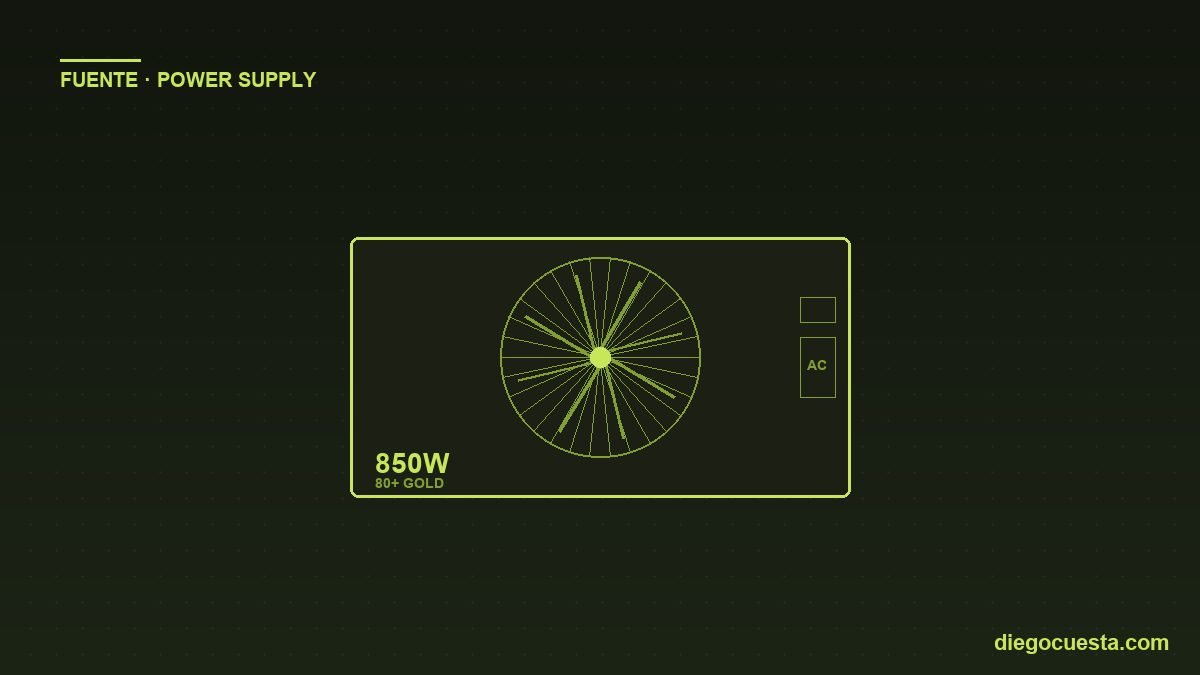 Ilustración de una fuente de poder ATX 850W 80+ Gold con ventilador grande, entrada AC y switch