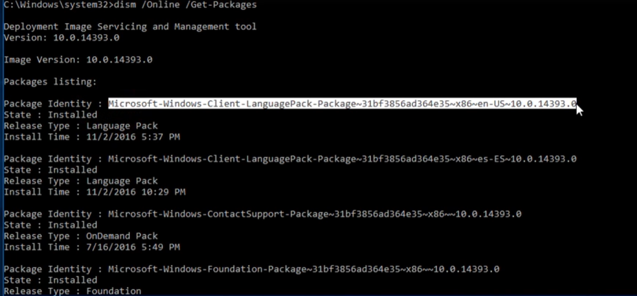 Salida de dism /Online /Get-Packages mostrando paquetes de idioma instalados, con Microsoft-Windows-Client-LanguagePack-Package en-US resaltado